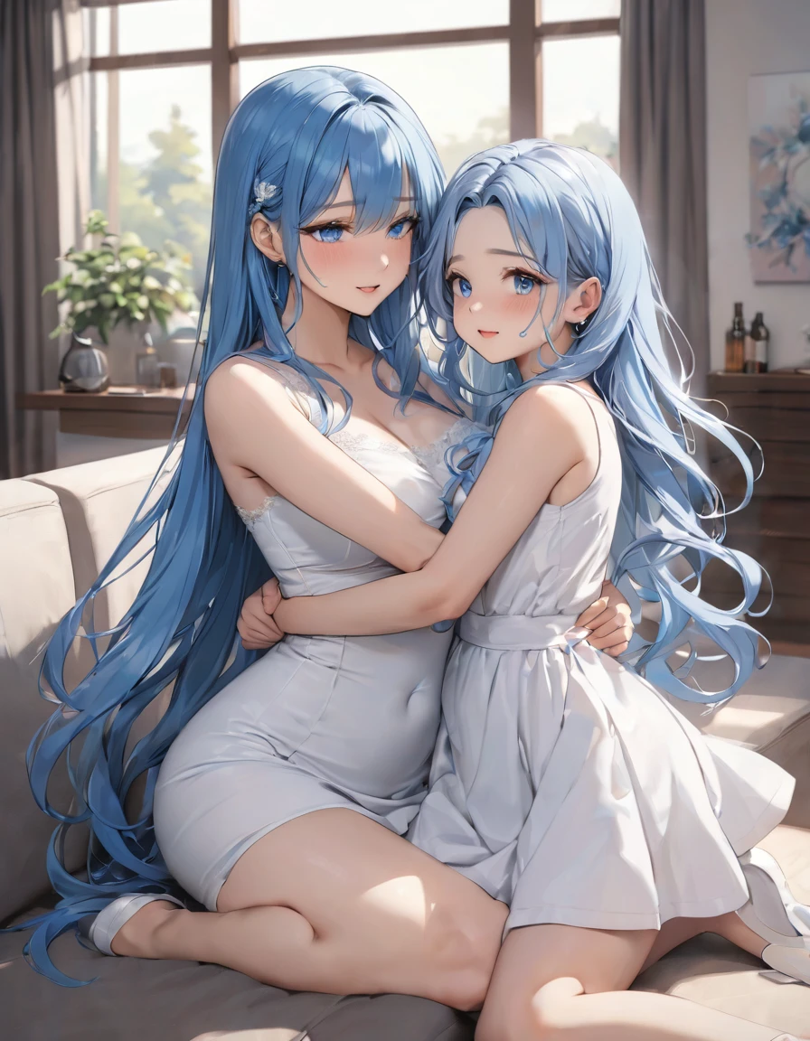 (panoramic:1.3, profile style), (1 woman is hug a daughter), (a forehead blue hair long hair 26 yo sexy woman, in a white one piece dress, big tits) and (a forehead blue hair long hair 15 yo immensely cute daughter, in a black summer one piece dress, small tits), master quality ((They cry and Inspiring hug each other)), break, in the lounge, good morning, BREAK, 16K, masterpiece, best quality, beautiful detailed grow.