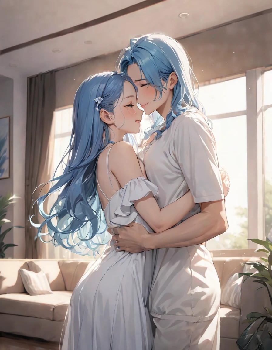 (panoramic:1.3, profile style), (1 woman is hug a daughter), (a forehead blue hair long hair 26 yo sexy woman, in a white one piece dress, big tits) and (a forehead blue hair long hair  yo immensely cute daughter, in a black summer one piece dress, small tits), master quality ((They cry and Inspiring hug each other)), break, in the lounge, good morning, BREAK, 16K, masterpiece, best quality, beautiful detailed grow.