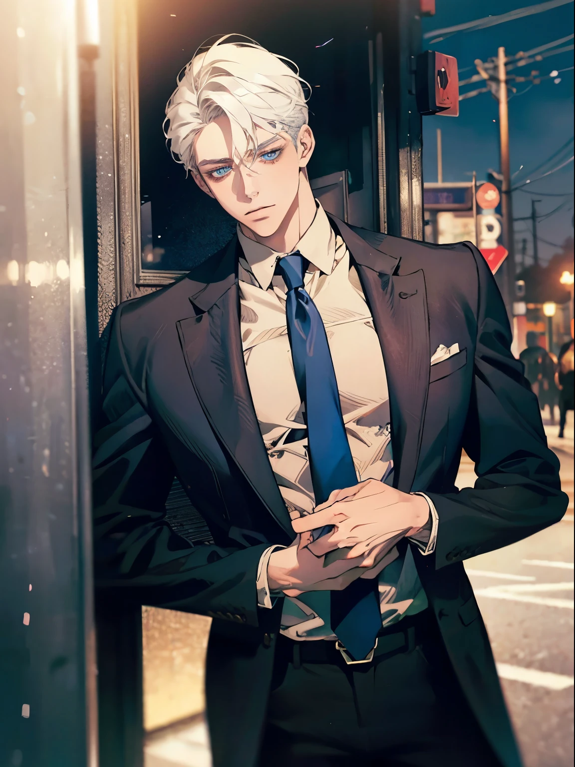 Night time , at a bus stop , spooky lighting , lit only by street light , spooky glow , moody scene , reflections, wearing Fall clothing , (masterpiece, best quality )detailed, 1Character , blue archive art style , pastel washed out colors , cell shade , soft, muted shades ,gentle colors , Handsome man , White hair , very Short hair, ((crew cut hair style:1 )) , Blue eyes , light skin , ((muscular:1)),masculine ,age 28,