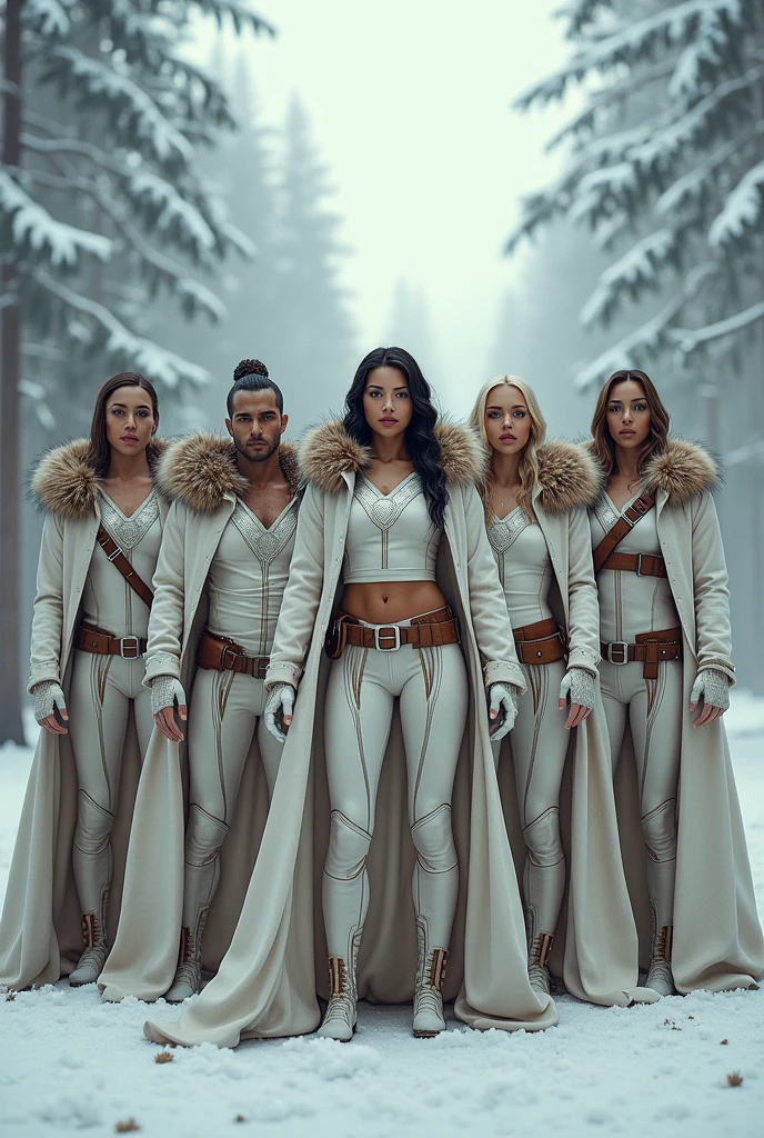 Create a group of men and women wearing a white and brown superhero suit and a brown fur coat. , winter environment 