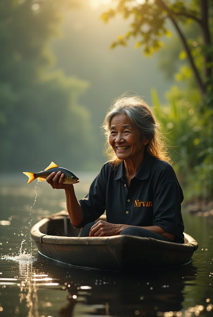 ( photorealism 1.2) photo realistic high detailed Malay old women messy hair at dugout canoe fishing at river smile cinematic view morning mode effect cinematography smoke effect sunlight silhouette one hand hold fish wearing black shirt wrote nirvana