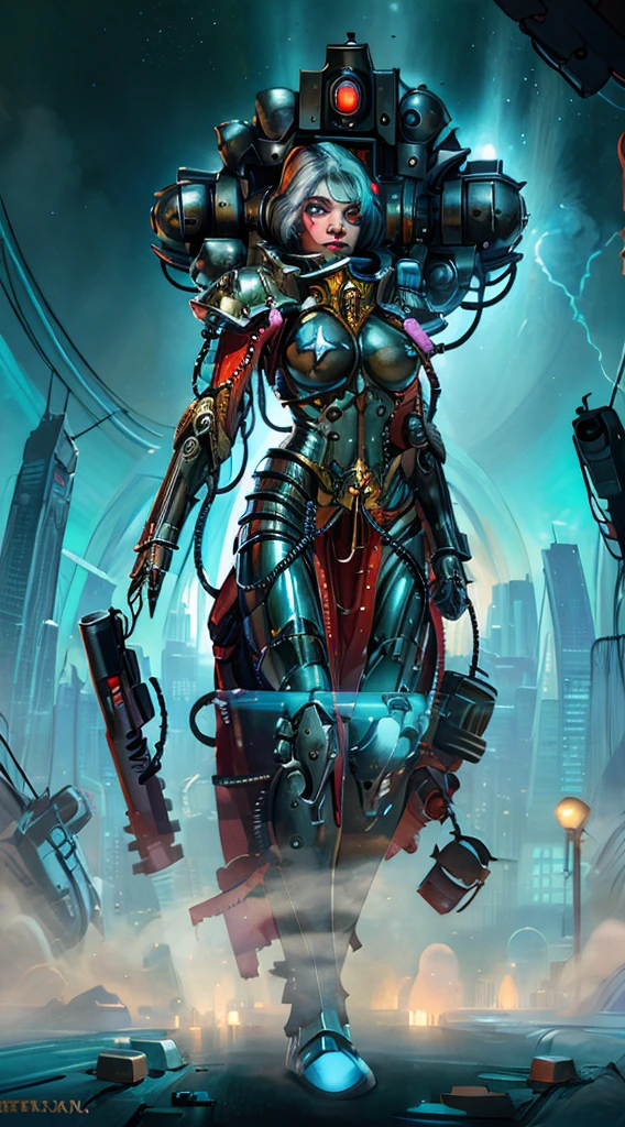 A robot girl adepta sororitas with a futuristic appearance and advanced technology, (ultra-detailed,realistic:1.37), [prostituta], beautiful detailed eyes, beautiful detailed lips, long eyelashes, eyepatch , vibrant synthetic skin, sleek metallic body, glowing LED lights, impeccable makeup and hairstyle. She stands in a bustling city street, surrounded by holographic advertisements and neon lights. The cityscape is filled with towering skyscrapers and futuristic vehicles. The air is filled with a mix of artificial scents and the bustling sounds of people and machines. The robot adepta sororitas confidently walks with a graceful and alluring demeanor, drawing the attention of onlookers. The color palette is a combination of vibrant neon colors and cool metallic tones. The lighting is a mix of the bright city lights and the soft glow of the robot girl's LED lights on her body, creating an enchanting atmosphere. The image is of the highest quality, with ultra-detailed rendering and a photorealistic appearance.
