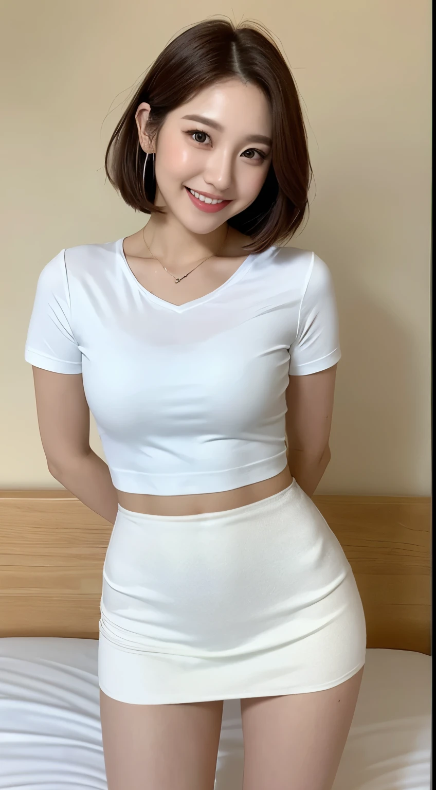 White tight shirt、White Mini Skirt、bed、smile、Short sleeve、High resolution、Korean idol face、double eyelid、White teeth、short hair