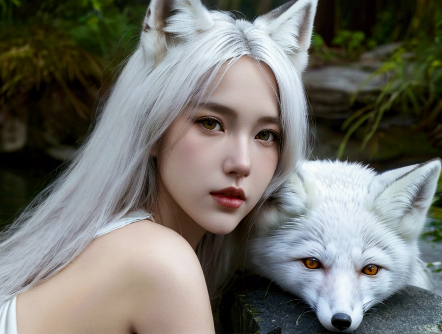 photo of a girl in a costume sitting on the rock behind the pond, mystery landscape, ((a white fox behind)), a beautiful white fox lady, by Yang J, beautiful young foxgirl, attractive Fox girl, very beautiful cute foxgirl, fantasy art style, artwork in the style of guweiz, by Fan Qi, a beautiful kitsune woman, guweiz, the style of wlop, trending on cgstation, realistic style, fantasy lighting,
((better face detail)),