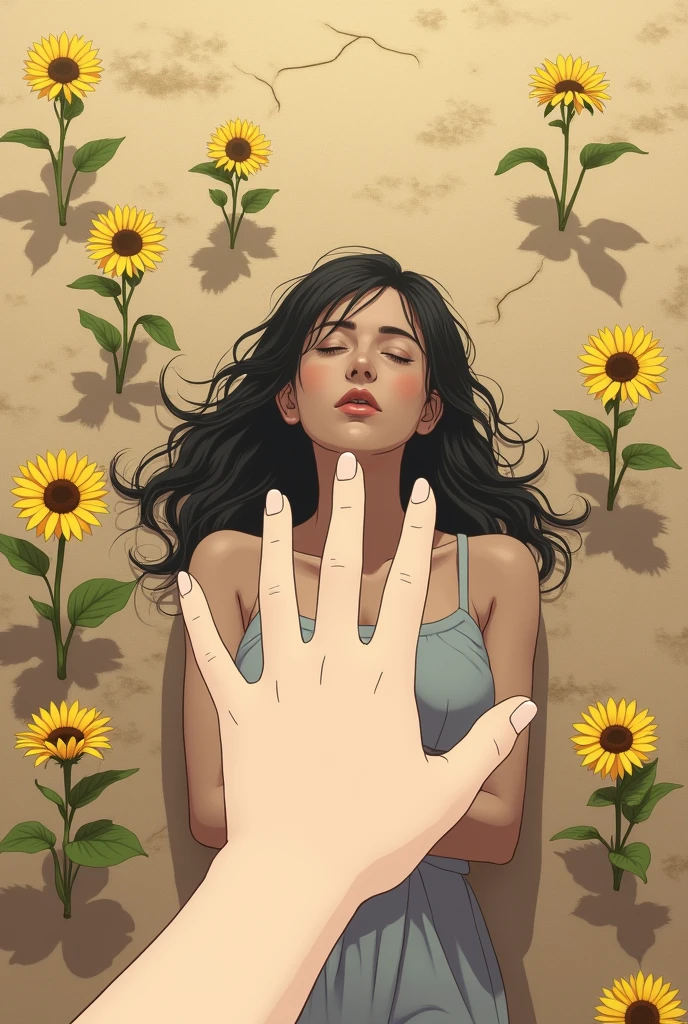 Create a first-person image of a person's hand on the ground reaching towards a woman lying on the dry ground while small sunflower sprouts bloom around her.. in anime style