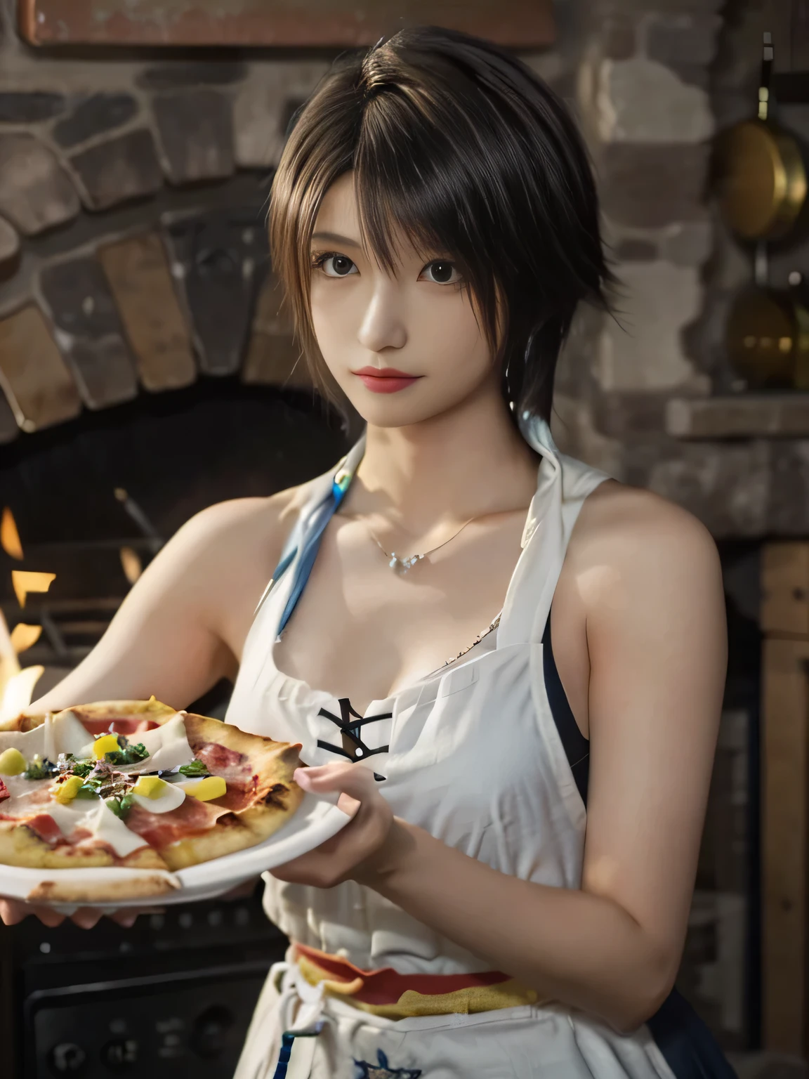 20 year old Japanese beauty,One person、Muscular body like a bodybuilder、Emphasize the breasts、Slit eyes、A head-to-toe view,Bust is very very large、The background is a medieval European kitchen、High quality photos、Clear, crisp images of the lower body、Masterpiece 8k、Ecstatic face、Baking pizza in a wood-fired oven、From the front, from the side, from the back, etc.々from what camera angle to shoot、FF10 Yuna's outfit