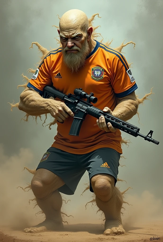 A sandman holding a rifle angrily, wearing a Flamengo jersey.