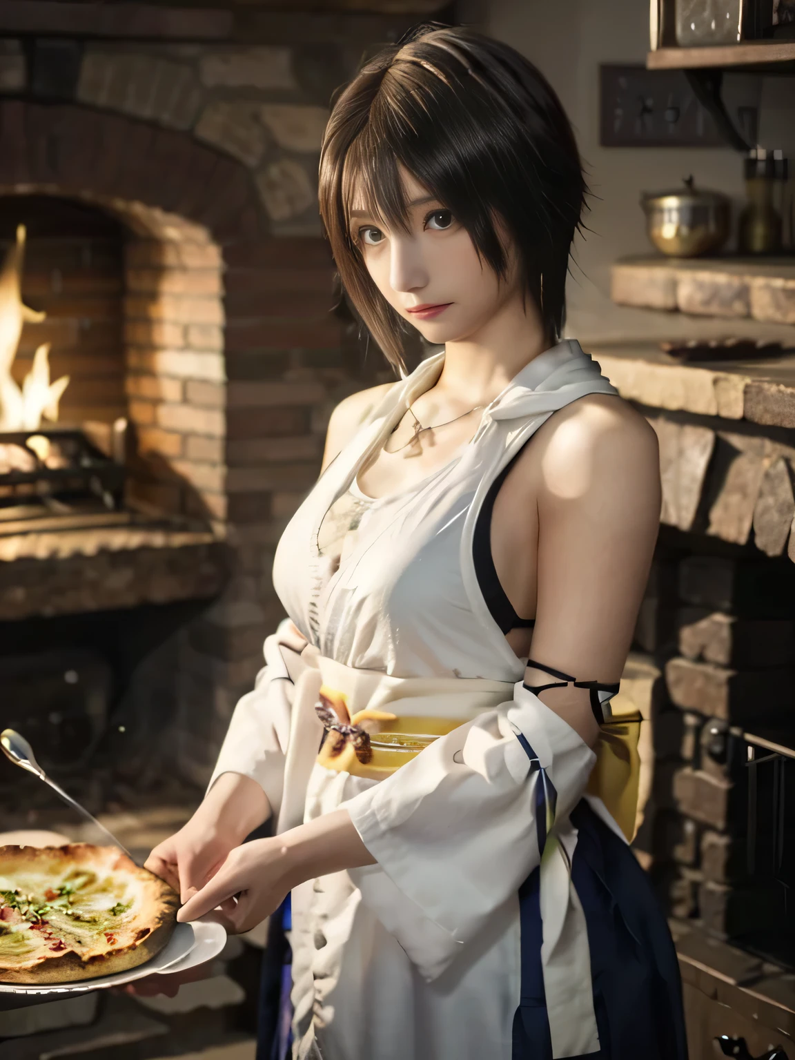 20 year old Japanese beauty，One person、Muscular body like a bodybuilder、Emphasize the breasts、Slit eyes、A head-to-toe view，Bust is very very large、The background is a medieval European kitchen、High quality photos、Clear, crisp images of the lower body、Masterpiece 8k、Ecstatic face、Baking pizza in a wood-fired oven、From the front, from the side, from the back, etc.々from what camera angle to shoot、FF10 Yuna's outfit