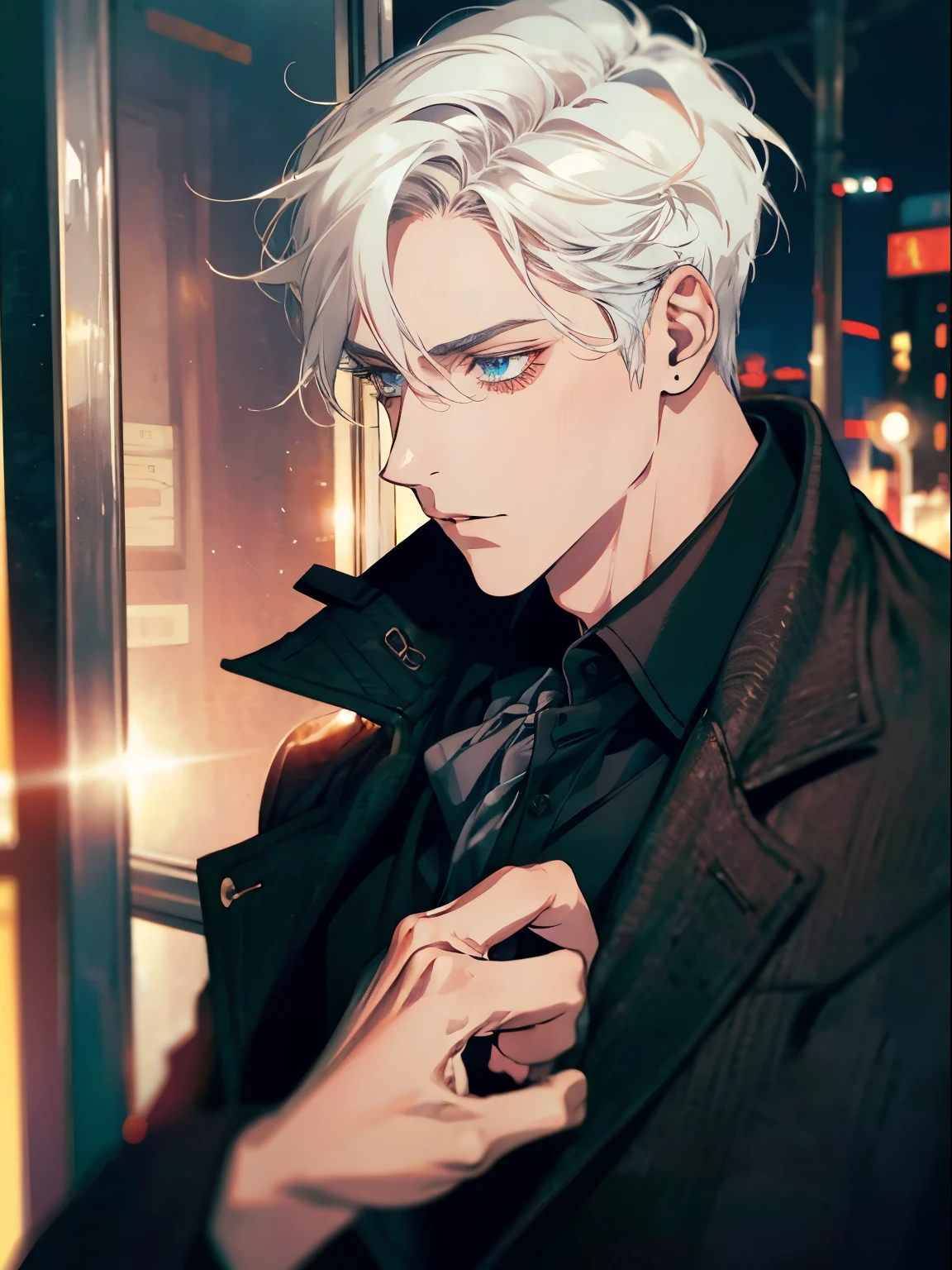 Night time , at a bus stop , spooky lighting , lit only by street light , spooky glow , moody scene , reflections, wearing Fall clothing , (masterpiece, best quality )detailed, 1Character , blue archive art style , pastel washed out colors , cell shade , soft, muted shades ,gentle colors , Handsome man , White hair , very Short hair, ((crew cut hair style:1 )) , Blue eyes , light skin , ((muscular:1)),masculine ,age 28,