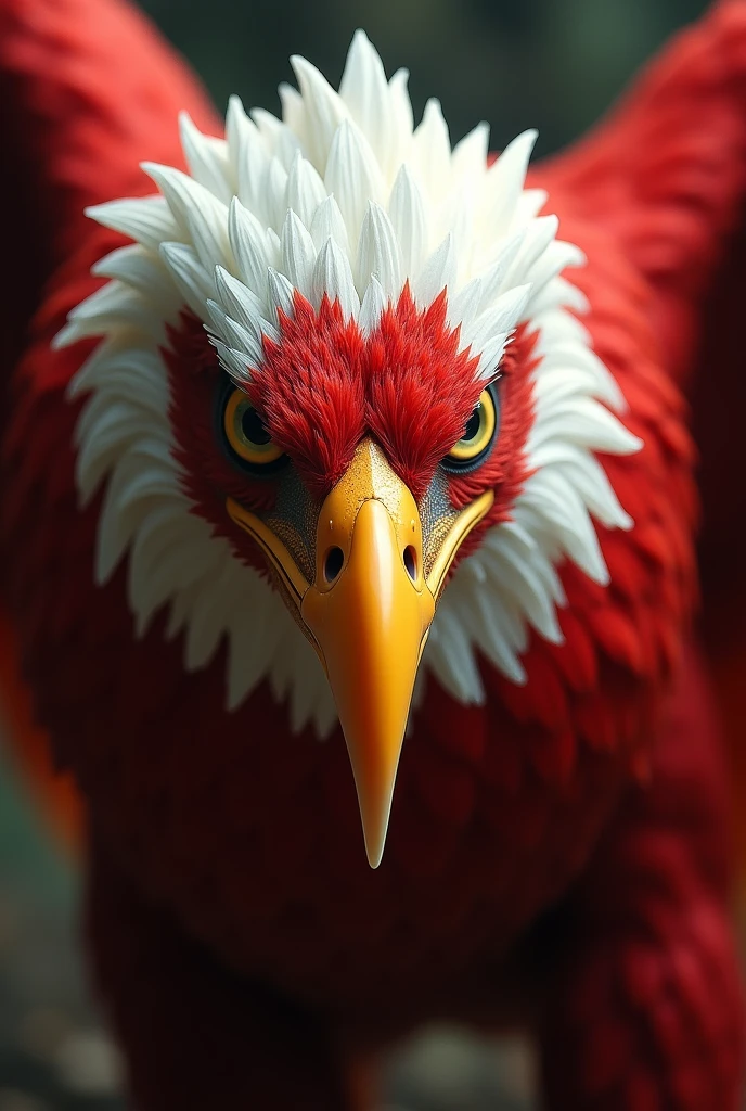 From the front, Close up of the Garuda eagle with red and white feathers