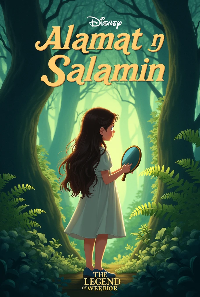 make a poster about a girl facing back while holding a small mirror make it nice put a text stating Alamat ng Salamin
the girl must be in the forest and color brown make it like disney poster stating Alamat ng Salamin dont put disney text