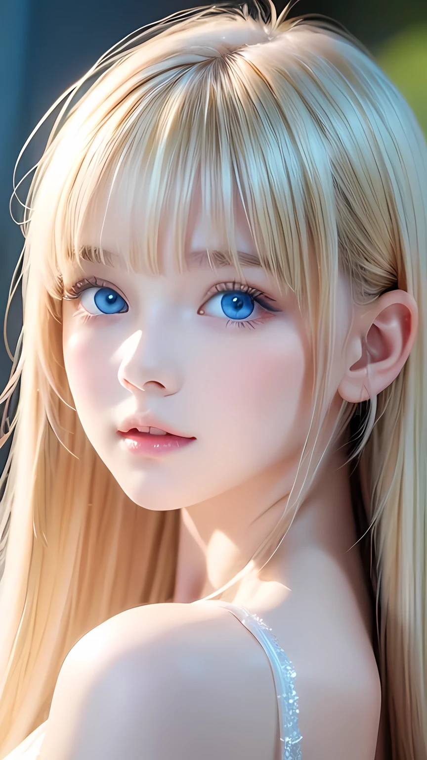 Incredibly bright, white, glossy, beautiful skin、Blonde hair color that changes with reflected light、Bangs between the eyes blocking the view、Glossy highlight on cheeks、sexy, very beautiful, lovely, cute, gorgeous face、The most beautiful face in the world、A beautiful girl、Super long blonde hair、smooth, straight hair、Big Breasts, Sparkling bright sky blue eyes、Beautiful bangs、Small Face Beauty、Round face、Very beautiful appearance