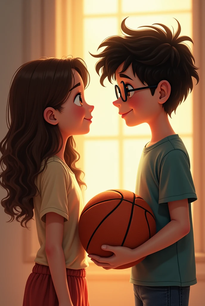  Brown-haired girl, long wavy, light skin and brown eyes in front and a boy with black hair that is medium curly, black eyes, with white skin and wears prescription glasses with a basketball 
