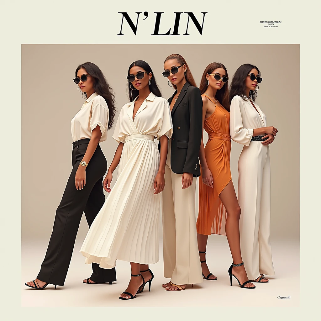 Create a fashion poster for the brand N'Lin, showcasing its chic and trendy style. The poster should appeal to young women aged 25-30, highlighting the brand's focus on fashionable and contemporary designs. Use a sleek and modern aesthetic with high-quality visuals that exude sophistication and style. Incorporate elements like bold typography, elegant models, and a clean layout that reflects the brand's identity as a leader in high-end fashion for young, stylish women. The overall design should convey a sense of exclusivity, confidence, and cutting-edge fashion.