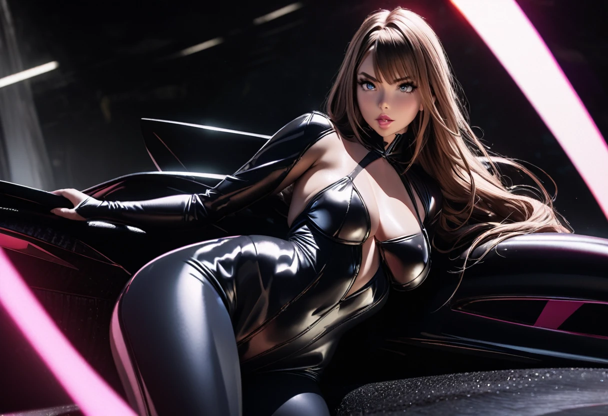 a woman (sofia vergara) in a black catsuit, dramatic long eyelashes, glossy lips, beautiful detailed eyes, extremely detailed face, voluptuous figure, gracefully draped over the Batmobile, in the dark moody Batcave, glamorous fashion photography, low angle shot, cinematic lighting, high contrast, vivid colors, photorealistic, 8k, best quality, masterpiece
