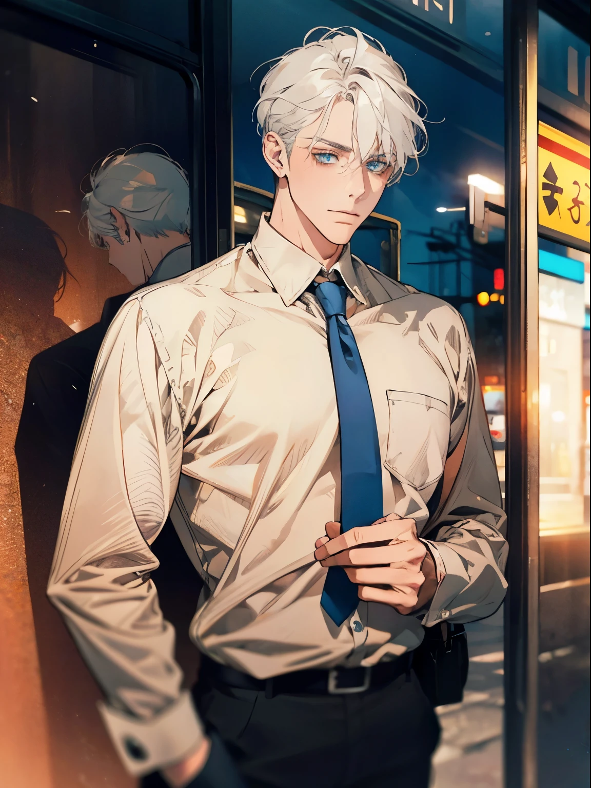 Night time , at a bus stop , spooky lighting ,  lit only by street light , spooky glow , moody scene , reflections, wearing Fall clothing , (masterpiece, best quality )detailed, 1Character , blue archive art style ,  pastel washed out colors , cell shade , soft, muted shades ,gentle colors , Handsome man , White hair , very Short hair, ((crew cut hair style:1 )) , Blue eyes , light skin , ((muscular:1)),masculine ,age 28,