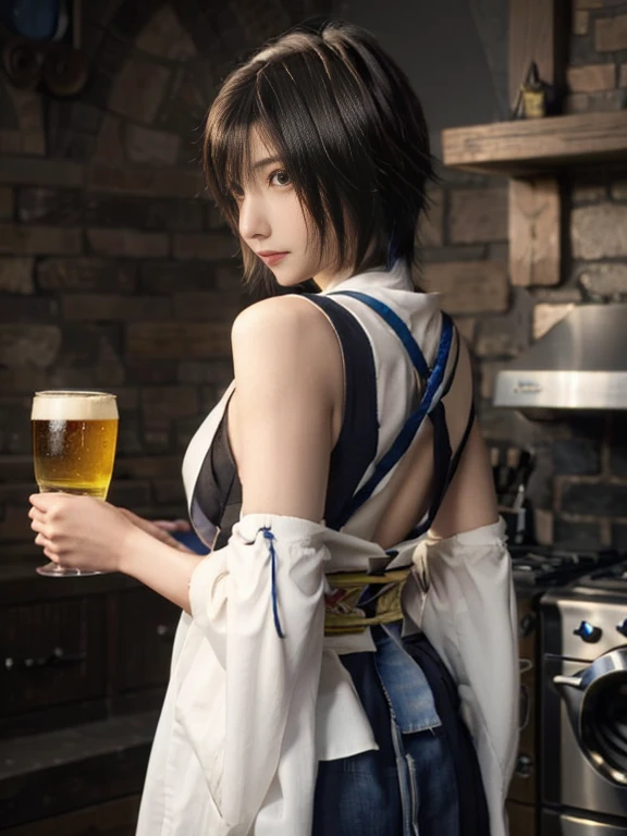 20 year old Japanese beauty,One person、Muscular body like a bodybuilder、Emphasize the breasts、Slit eyes、A head-to-toe view,Bust is very very large、The background is a medieval European kitchen、High quality photos、Clear, crisp images of the lower body、Masterpiece 8k、Ecstatic face、Drinking a beer mug by the stove.、From the front, from the side, from the back, etc.々from what camera angle to shoot、FF10 Yuna's outfit