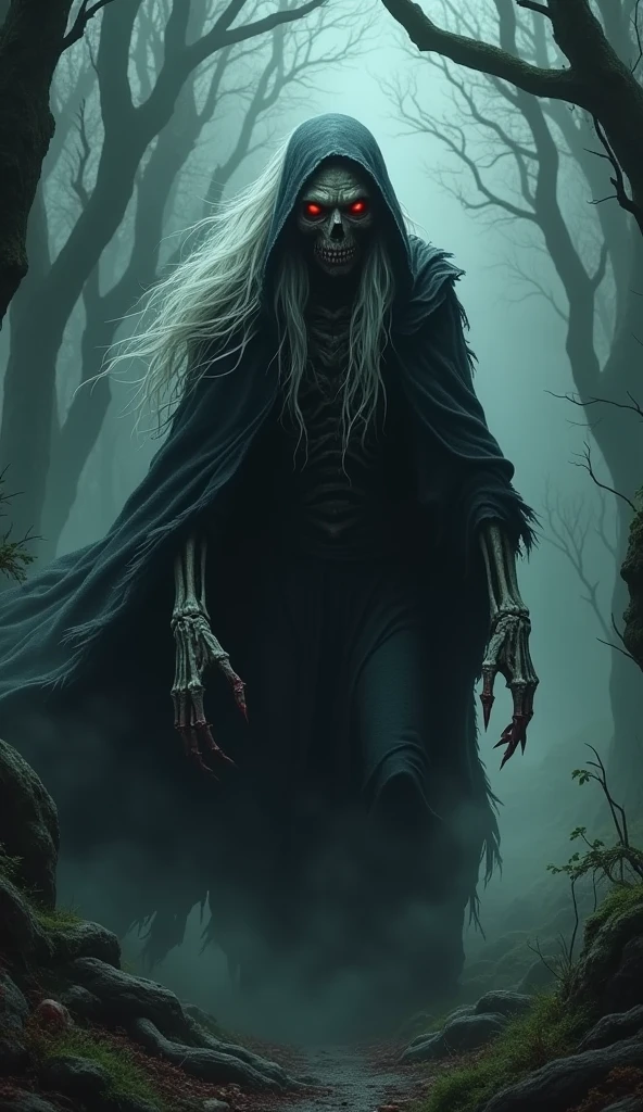 A terrifying old witch emerging from the shadows of the forest, with blood-red eyes, long white hair, and sharp, blood-stained nails. Her hunched figure is wrapped in a tattered black cloak, and she moves silently through the mist towards the village. The background shows the dark, dense forest with twisted trees.