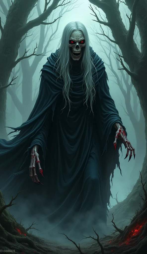 A terrifying old witch emerging from the shadows of the forest, with blood-red eyes, long white hair, and sharp, blood-stained nails. Her hunched figure is wrapped in a tattered black cloak, and she moves silently through the mist towards the village. The background shows the dark, dense forest with twisted trees.