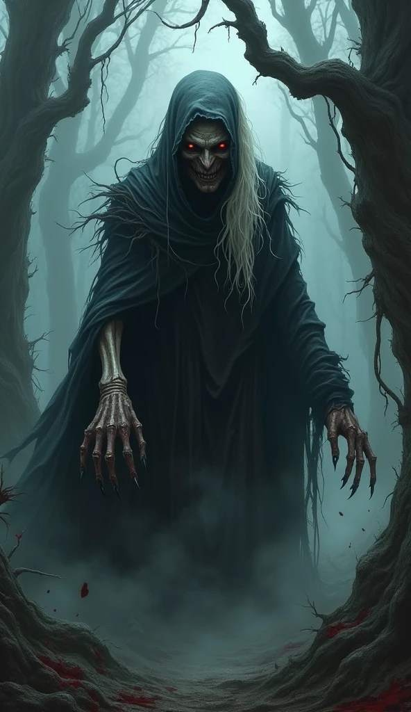 A terrifying old witch emerging from the shadows of the forest, with blood-red eyes, long white hair, and sharp, blood-stained nails. Her hunched figure is wrapped in a tattered black cloak, and she moves silently through the mist towards the village. The background shows the dark, dense forest with twisted trees.