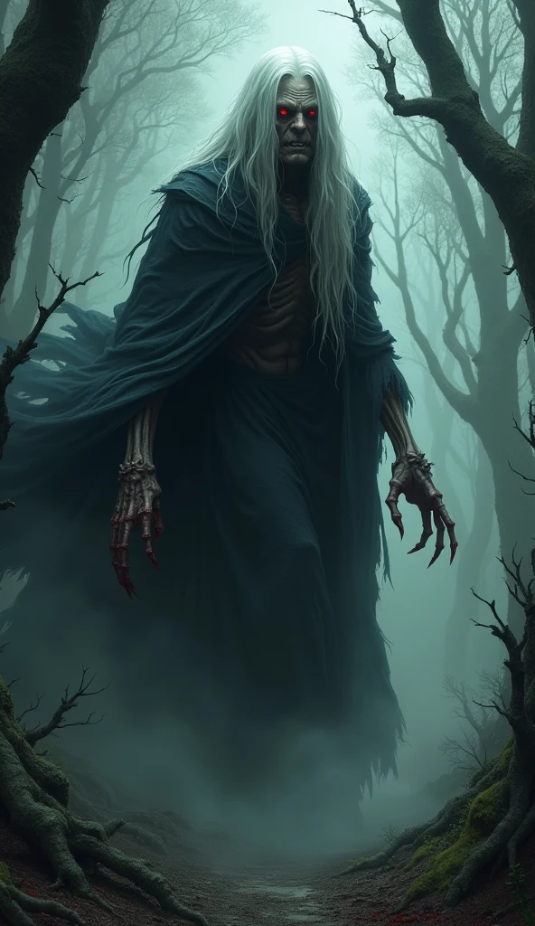 A terrifying old witch emerging from the shadows of the forest, with blood-red eyes, long white hair, and sharp, blood-stained nails. Her hunched figure is wrapped in a tattered black cloak, and she moves silently through the mist towards the village. The background shows the dark, dense forest with twisted trees.