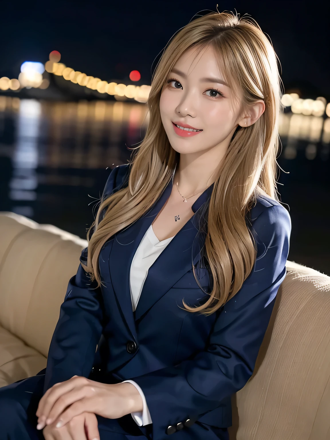 (8,000; Best Quality: 1.2), (Realistic, Realistic: 1.2), Lovely, Solo, Sky is Beautiful and Clear, Night, Moisture, Watching the Audience, (Sit: 1.6) Date, Mirai, (Nose Brush), (Smile: 1.15), Delicate eye (Deep Blonde: 1), Floating Hair Nova FrogStyle, Navy blue Suit Jacket, Burton T-shirt, Beige Pleats Skirt, Makeup, Lover's Smile, 40 years old, Beautiful (8,000, Yes, RAW Photo: 1.2, Random body orientation,