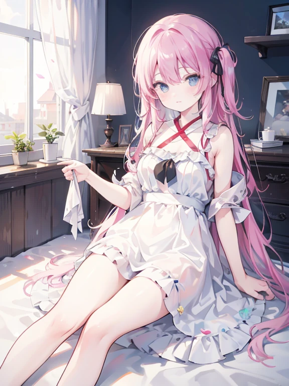 (8k、Best image quality、Highest quality、masterpiece)、one person's、((Removed buttons))、Facing the camera、midnight、((Removed buttons)、White socks、loafers、Sitting, Raise your knees、White shirt、Black pleated skirt