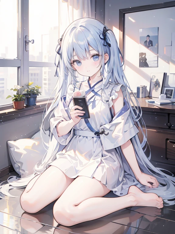 (8k、Best image quality、Highest quality、masterpiece)、one person's、((Removed buttons))、Facing the camera、midnight、((Removed buttons)、White socks、loafers、Sitting, Raise your knees、White shirt、Black pleated skirt