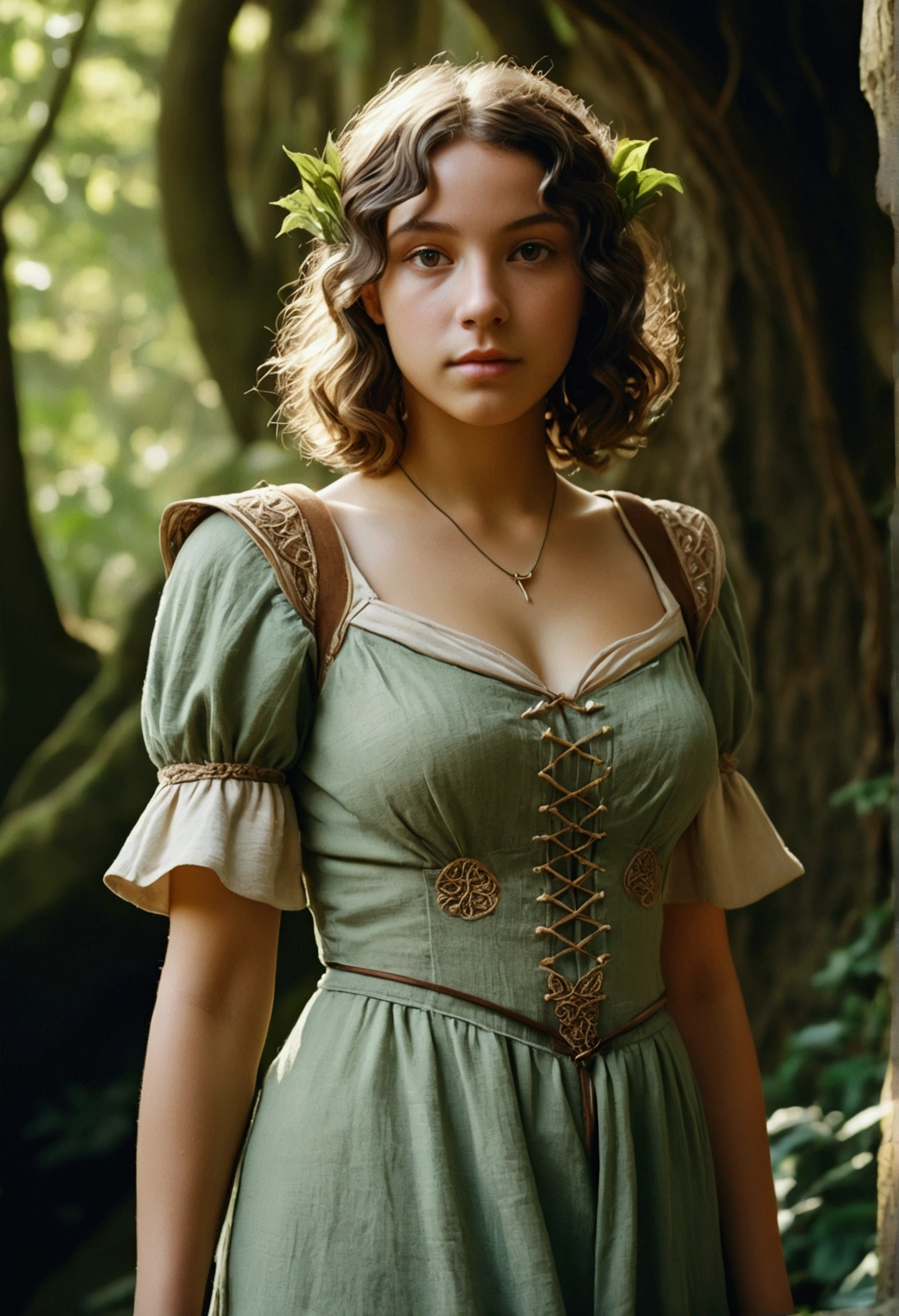 analog film photo, photo of a young elven girl, 18 years old, elf ears, amber eyes, curly brunette bob cut, tan complexion, Amazonian stature, voluptuous hourglass figure, busty bosom, narrow waist, full hips, big plump buttocks, wearing a linen sun dress, strolling through a sunny fantasy landscape, RAW Photograph, dslr, soft lighting, high quality, film grain, Fujifilm XT3, detailed skin with visible pores, insane details, masterpiece, 8k, 35mm photograph, dslr, kodachrome, faded film, desaturated, grainy, vintage, Lomography, stained, highly detailed, found footage, close-up shot, elven ears
