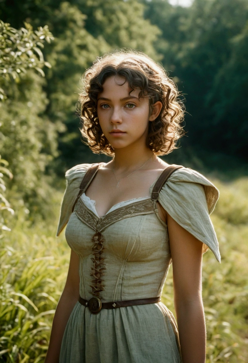 analog film photo, photo of a young elven girl, 18 years old, elf ears, cyan eyes, curly brunette bob cut, brown skin, freckles, Amazonian stature, voluptuous hourglass figure, busty bosom, narrow waist, full hips, big plump buttocks, wearing a linen sun dress, strolling through a sunny fantasy landscape, RAW Photograph, dslr, soft lighting, high quality, film grain, Fujifilm XT3, detailed skin with visible pores, insane details, masterpiece, 8k, 35mm photograph, dslr, kodachrome, faded film, desaturated, grainy, vintage, Lomography, stained, highly detailed, found footage, close-up shot, elven ears