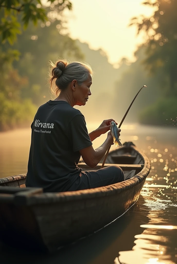 ( photorealism 1.2) photo realistic high detailed Malay old women messy hair at dugout canoe fishing at river smile cinematic view morning mode effect cinematography smoke effect sunlight silhouette one hand hold fish wearing black shirt wrote nirvana