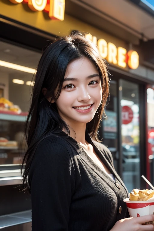 One person, Black Hair, High detail, High-resolution model, high quality, Textured skin, Retina, Medium Hair, chest, Smiling with teeth showing,Lens flare, reflected light, Cinematic light effects, Portrait Photography, realism, Soft Light, 8k octane, Fast food clerk,counter,Burger Shop,Smile 0 yen,McDonald's