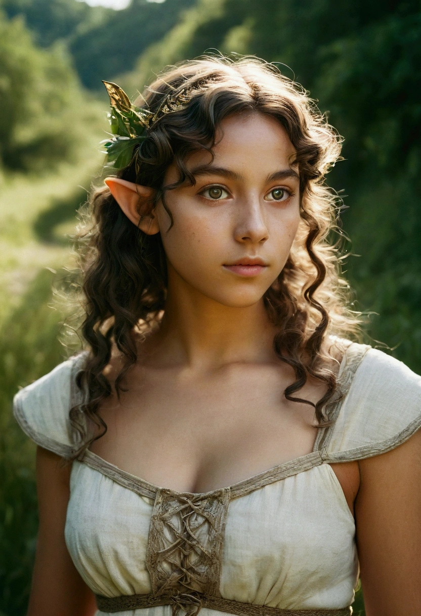 analog film photo, photo of a young elven girl, 18 years old, elf ears, amber eyes, curly brunette bob cut, tan complexion, Amazonian stature, voluptuous hourglass figure, busty bosom, narrow waist, full hips, big plump buttocks, wearing a linen sun dress, strolling through a sunny fantasy landscape, RAW Photograph, dslr, soft lighting, high quality, film grain, Fujifilm XT3, detailed skin with visible pores, insane details, masterpiece, 8k, 35mm photograph, dslr, kodachrome, faded film, desaturated, grainy, vintage, Lomography, stained, highly detailed, found footage, close-up shot, elven ears
