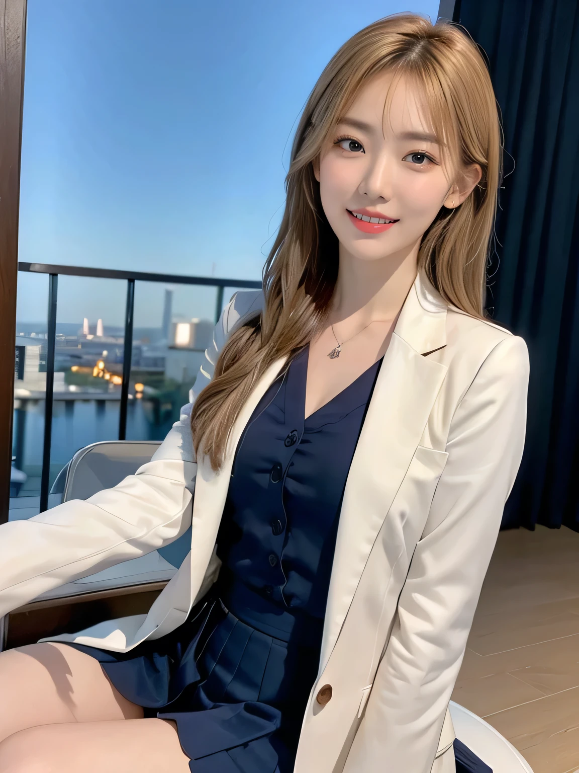 (8,000; Best Quality: 1.2), (Realistic, Realistic: 1.2), Lovely, Solo, Sky is Beautiful and Clear, Night, Moisture, Watching the Audience, (Sit: 1.6) Date, Mirai, (Nose Brush), (Smile: 1.15), Delicate eye (Deep Blonde: 1), Floating Hair Nova FrogStyle, Navy blue Suit Jacket, Burton T-shirt, Beige Pleats Skirt, Makeup, Lover's Smile, 40 years old, Beautiful (8,000, Yes, RAW Photo: 1.2, Random body orientation,