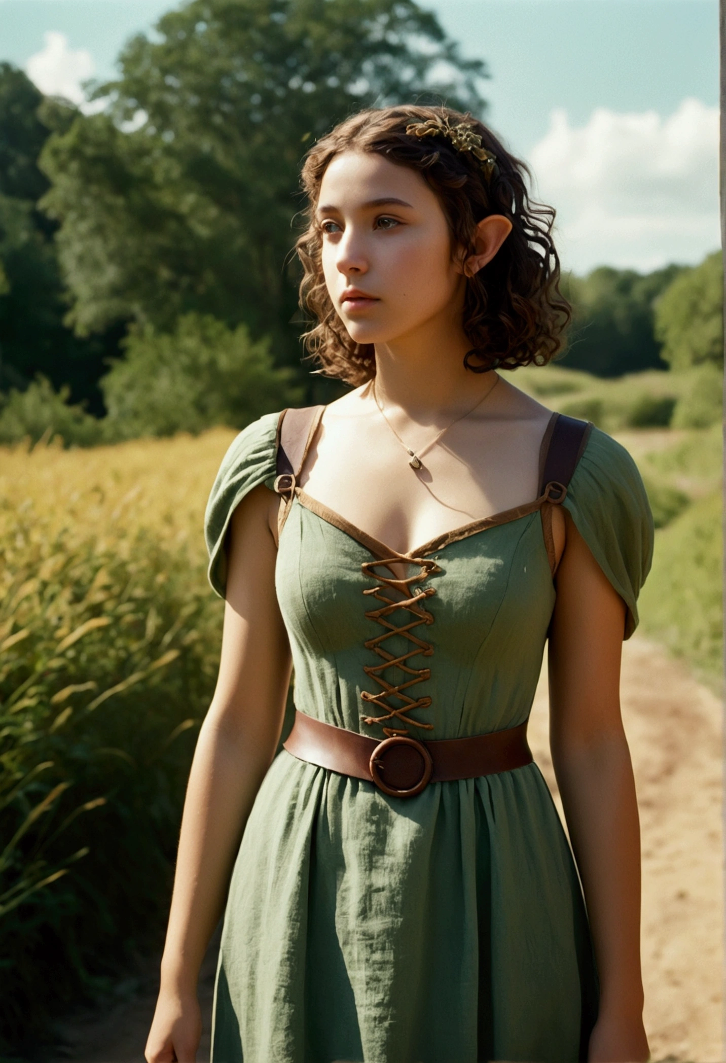analog film photo, photo of a young elven girl, 18 years old, elf ears, amber eyes, curly brunette bob cut, tan complexion, Amazonian stature, voluptuous hourglass figure, busty bosom, narrow waist, full hips, big plump buttocks, wearing a linen sun dress, strolling through a sunny fantasy landscape, RAW Photograph, dslr, soft lighting, high quality, film grain, Fujifilm XT3, detailed skin with visible pores, insane details, masterpiece, 8k, 35mm photograph, dslr, kodachrome, faded film, desaturated, grainy, vintage, Lomography, stained, highly detailed, found footage, close-up shot, elven ears
