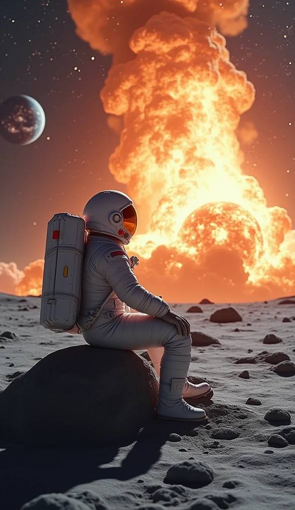 astronautlooking at the earth that is explodingsitting on a stone on a moonbest quality,4k,8k,highres,masterpiece:1.2,ultra-detailed,realistic,photorealistic,photo-realistic:1.37,HDR,UHD,studio lighting,ultra-fine painting,sharp focus,physically-based rendering,extreme detail description,professional,vivid colors,bokeh,cinematic,dramatic lighting,epic,intricate details,mesmerizing,highly detailed,dramatic