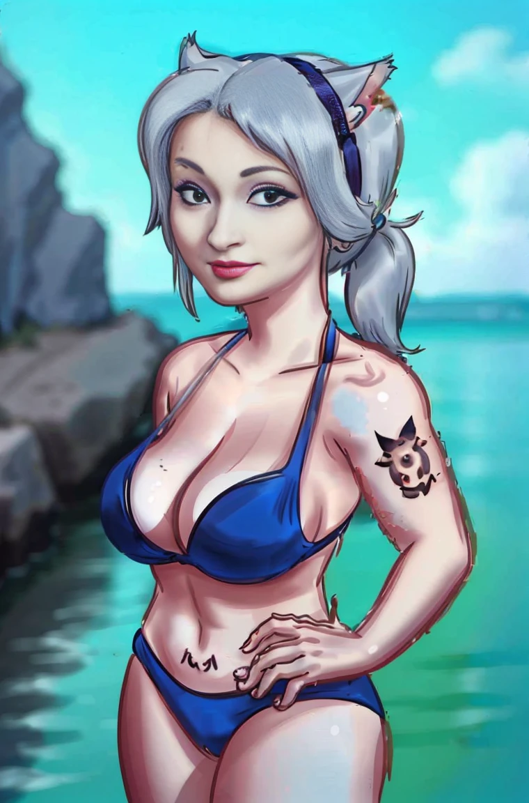 Beautiful, master part, best quality, HiqcgCorpo, アニメ, 1girl, medium, bikini, red swimsuit, portrait photos, see viewer, partially submerged,Austral, ((silver-haired)),(Cat's ears),pony-tail,skin wet, details Intricate,>,(((inked)
