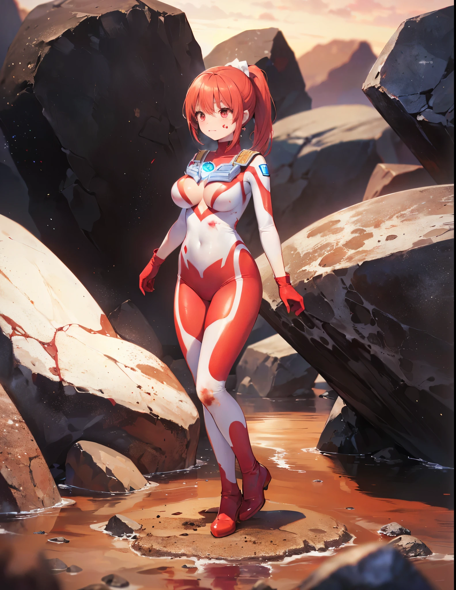 (Close-up:1.2),Realistic,Highest quality, Ultra Detail, High-quality CG rendering, The most delicate and beautiful, Floating softly, High resolution, (1 giant girl), (Highest quality,4K,8k,masterpiece:1.2),(All red hair:1.5), (ponytail:1.5),(Red eyes:1.5), (Ultra Girl:1.0), (All red Ultraman bodysuit:1.4),(Do not expose your skin:1.6),(Slightly larger breasts:1.5),(Red gloves:1.3),(Red Shoes:1.3),(whole body:1.3),(Are standing:1.3),(Plain surrounded by rocks:1.3),(sweating:1.3),(Wounded:1.3),(Brown mud stains:1.3),(front:1.4)