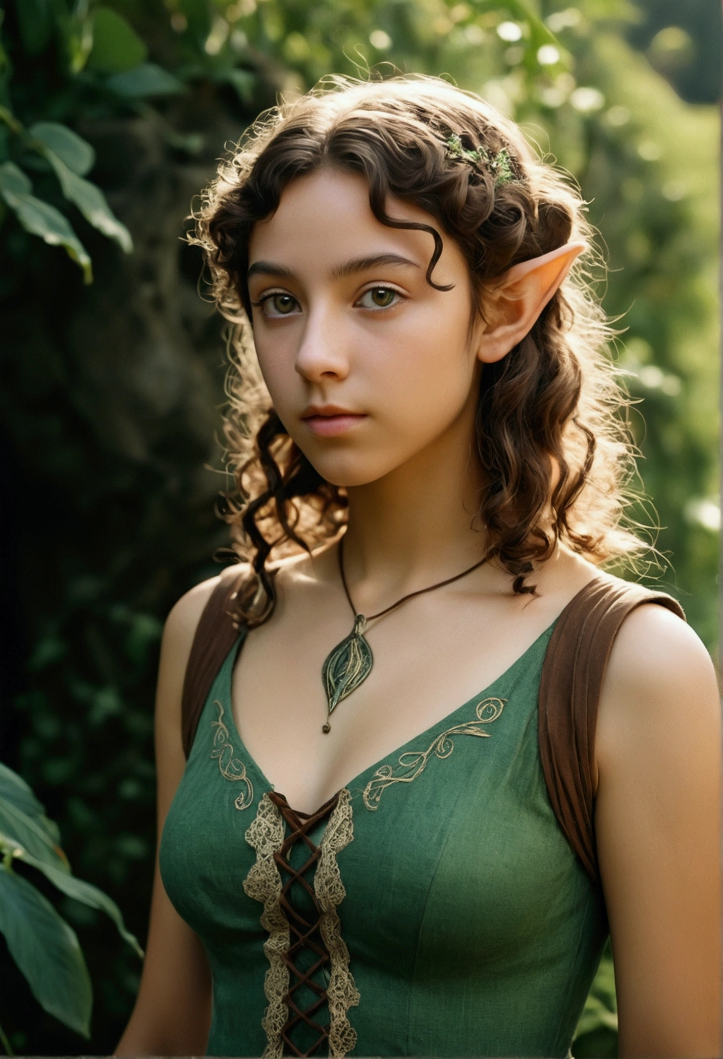 analog film photo, photo of a young elven girl, 18 years old, elf ears, jade eyes, curly brunette bob cut, tan complexion, Amazonian stature, voluptuous hourglass figure, busty bosom, narrow waist, full hips, big plump buttocks, wearing a linen sun dress, strolling through a sunny fantasy landscape, RAW Photograph, dslr, soft lighting, high quality, film grain, Fujifilm XT3, detailed skin with visible pores, insane details, masterpiece, 8k, 35mm photograph, dslr, kodachrome, faded film, desaturated, grainy, vintage, Lomography, stained, highly detailed, found footage, close-up shot, elven ears
