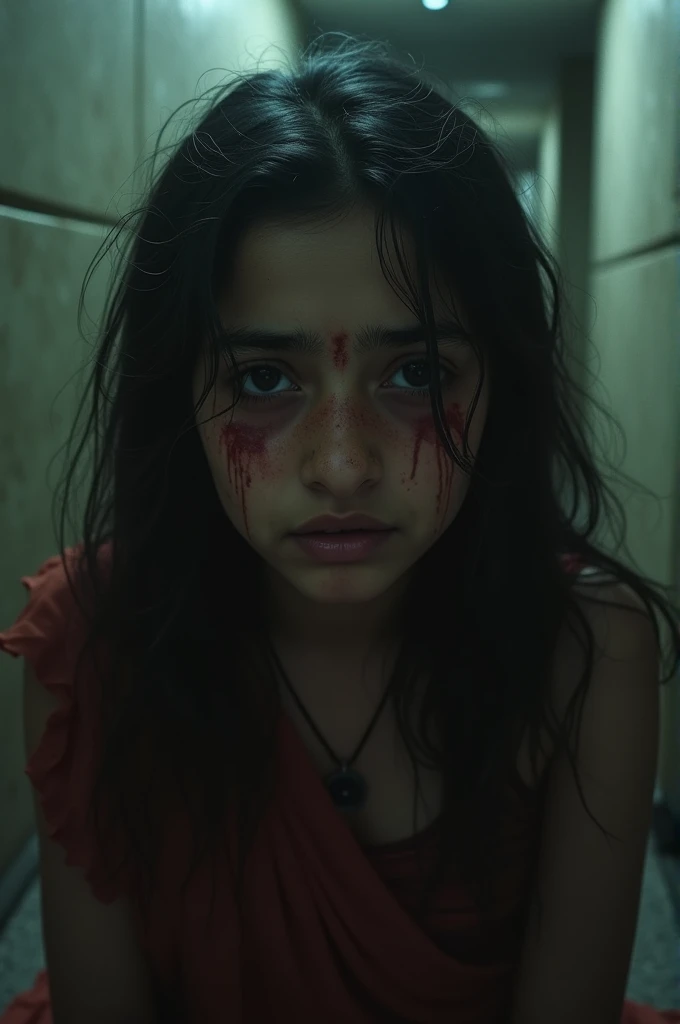 A Indian girl who has raped by men. Blood on eyes and sad movement