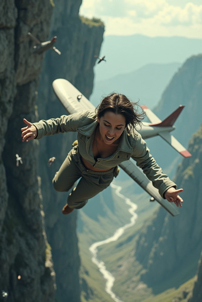 Keep women face down falling from cliff have airopane parts in hand and she is try to onnect it and sounded her with more small parts of airoplan