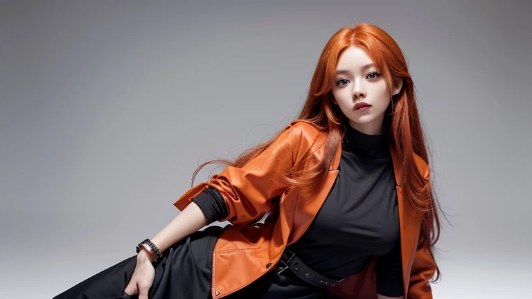 Woman with long orange hair、Wearing a red jacket、Rolling up his sleeves、Wearing a black tight dress、Wearing a belt around the waist、White background