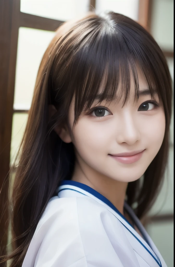 best quality, face focus, soft light, ultra high res, (photorealistic:1.4), RAW photo, white skin, kawaii, 1 Japanese girl, 独奏, cute, (smile), (pupil, lights in the eyes),  detailed beautiful face, Medium-sized breasts,(high resolution detail of human skin texture),(long hair),(portrait), upper body, white traditional kimono, (Shinozaki Ai)