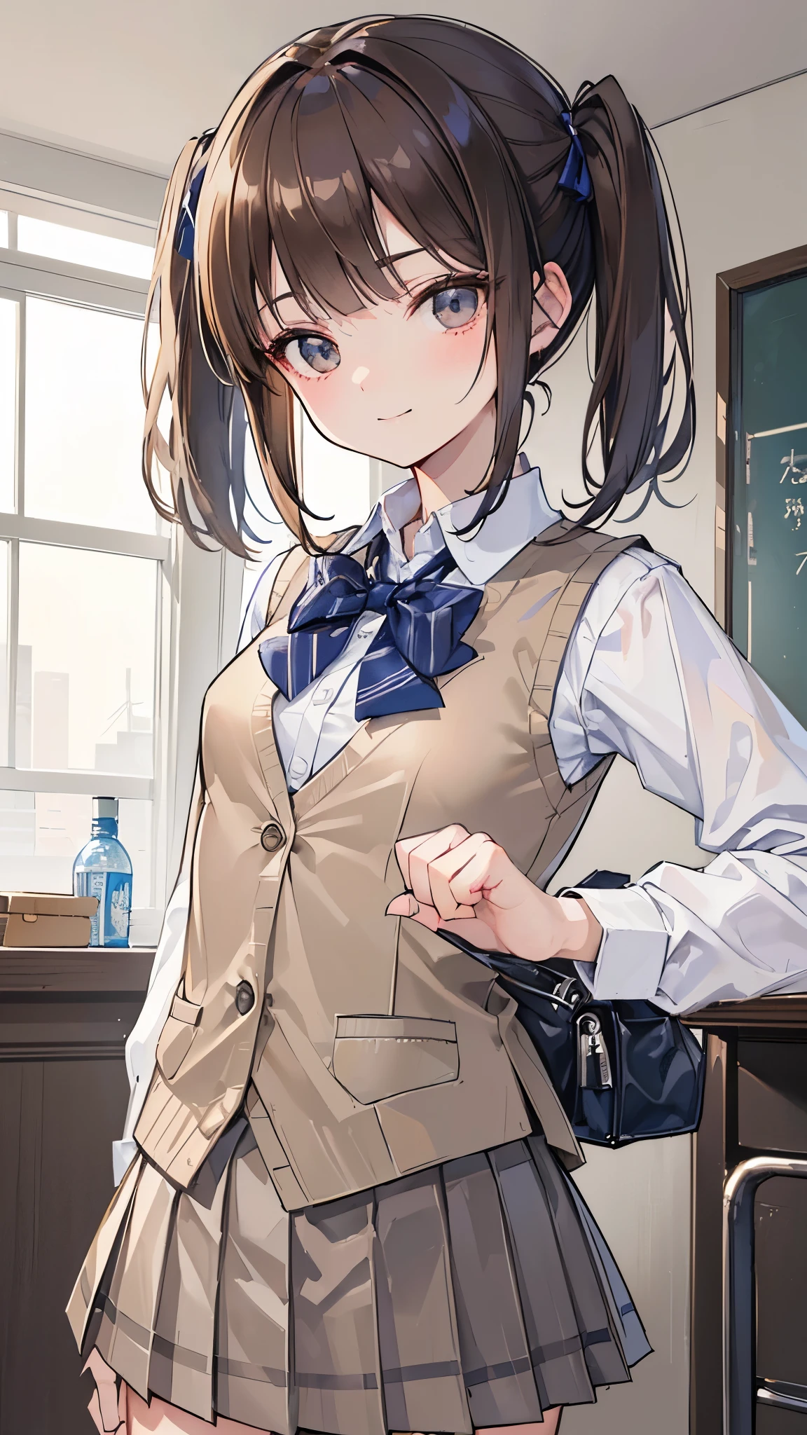 ((masterpiece、Highest quality、Very detailed))、One person、Brown Hair、short hair、twintails、blunt bangs、Grey Eyes、evil smile、Small breasts、((White collared shirt))、A bow tie、((light brown vest))、((Navy blue blazer))、((Grey pleated skirt))、((micro miniskirt))、Cowboy Shot、Classroom Background