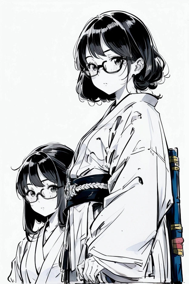 sketch of a woman with glasses and a man with a haircut, 山崎鶴子をイメージしたLine art, Pixiv, Conceptual Art, imperfect artstyle, Beautiful anime outline, アニメsketch, Line art!!, sketch, Anime Shading), Line art, Anime Shading, Mr.々A pose, sketch, Semi-realistic anime style, imperfect、Japanese style