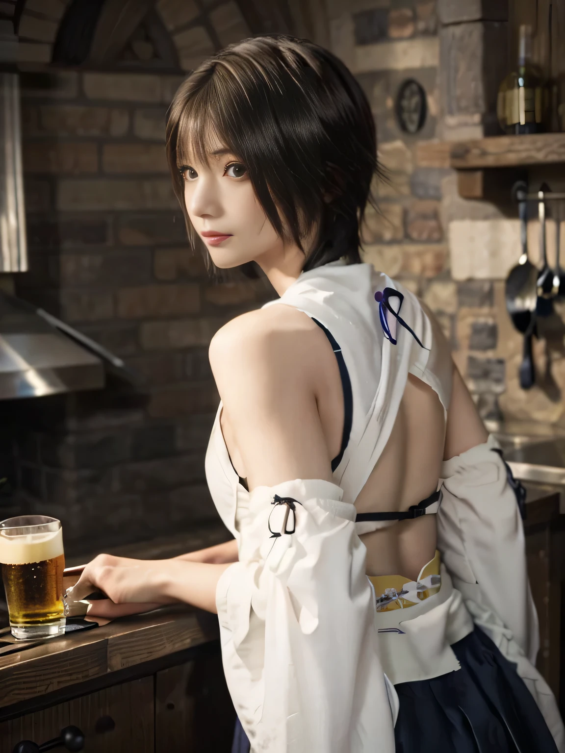 20 year old Japanese beauty,One person、Muscular body like a bodybuilder、Emphasize the breasts、Slit eyes、A head-to-toe view,Bust is very very large、The background is a medieval European kitchen、High quality photos、Clear, crisp images of the lower body、Masterpiece 8k、Ecstatic face、Drinking a beer mug by the stove.、From the front, from the side, from the back, etc.々from what camera angle to shoot、FF10 Yuna's outfit