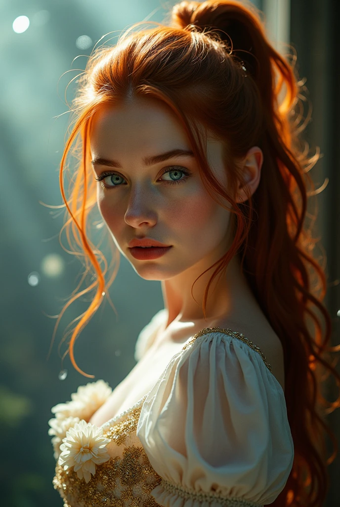 (solo, full body photo:1.3), (action packed:1.3), (haze, fog, mist:1.3), chiaroscuro, best quality, photorealistic, 1woman, (cute), (24yo:1.2), redhead, long ginger hair highly detailed, 1700'S, digital photography, art by artgerm and ruan jia and greg rutkowski surreal painting gold butterfly filigree, broken glass, (masterpiece, sidelighting, finely detailed Fashionable eyes: 1.2) (perfect oval large eyes that gazes at the viewer), beautiful detailed face, blue gorgeous perfect eyes, (blonde hair ponytail), (attractive young woman:1.3), (thick amazing hair), (seductive:1.1), (blushing:1.1)