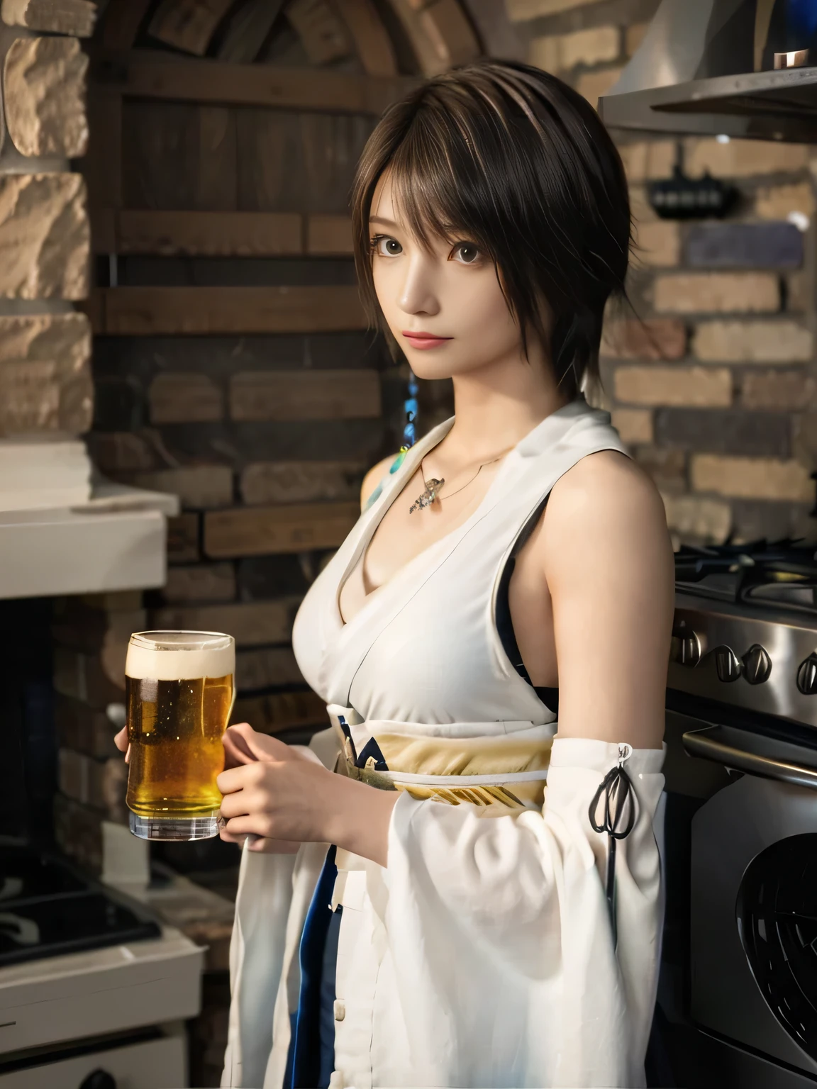 20 year old Japanese beauty，One person、Muscular body like a bodybuilder、Emphasize the breasts、Slit eyes、A head-to-toe view，Bust is very very large、The background is a medieval European kitchen、High quality photos、Clear, crisp images of the lower body、Masterpiece 8k、Ecstatic face、Drinking a beer mug by the stove.、From the front, from the side, from the back, etc.々from what camera angle to shoot、FF10 Yuna's outfit
