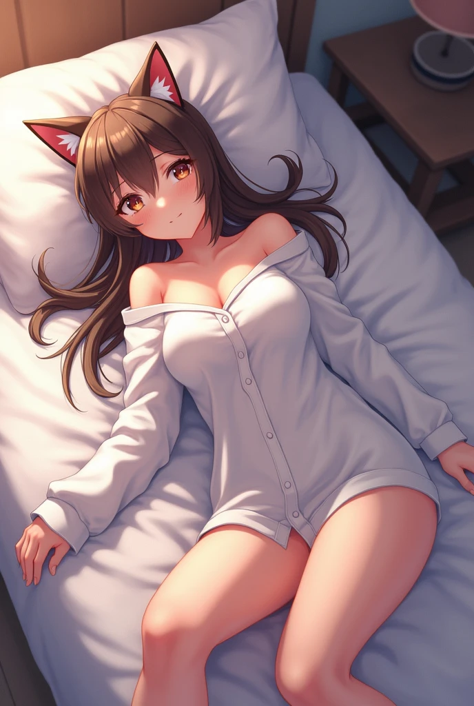 There is a woman lying on a bed, beautiful young catgirl, seductive anime girl, very beautiful cute catgirl, attractive cat girl, sitting on her bed, sexy pose, very sexy pose, sitting on the bed, anime. Soft, naked lighting. --auto