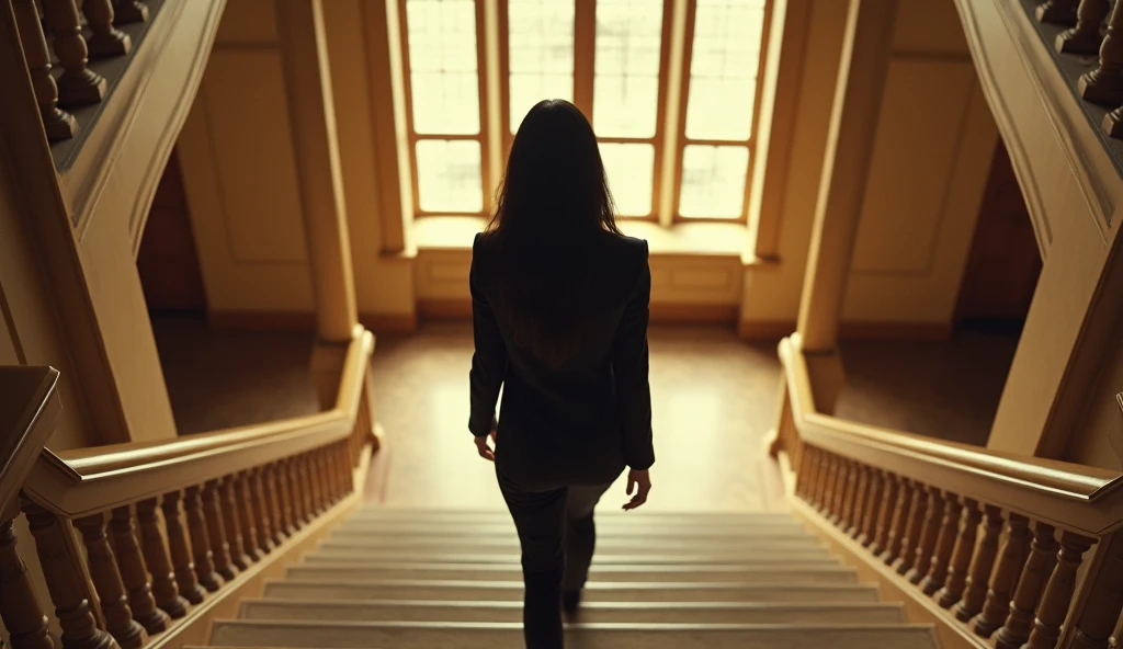 top view, long black hair girl, wearing suit, walking up stairs, in building, daylight, cinema style, real photo,